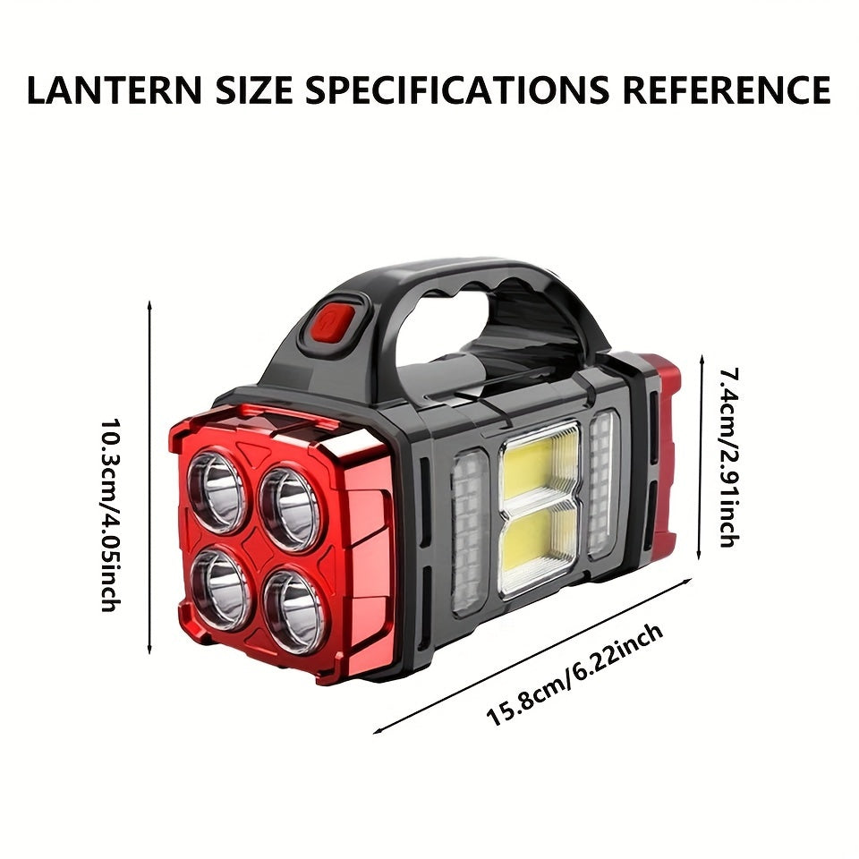 Multi-functional LED flashlight with solar and USB recharge options, polished tactical finish, 4 brightness levels, COB work light feature, 1500mAh Ni-MH battery, portable camping lamp with