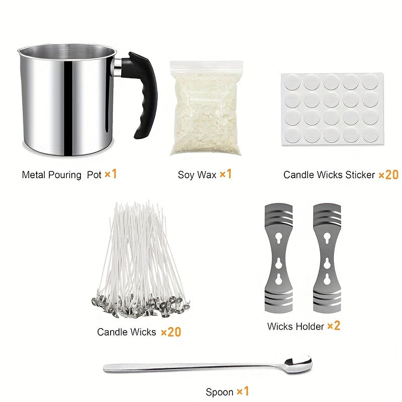 DIY Candle Making Kit includes 45 pieces, 1.3L pouring pot, wax, wicks, sticker, holder, and spoon.