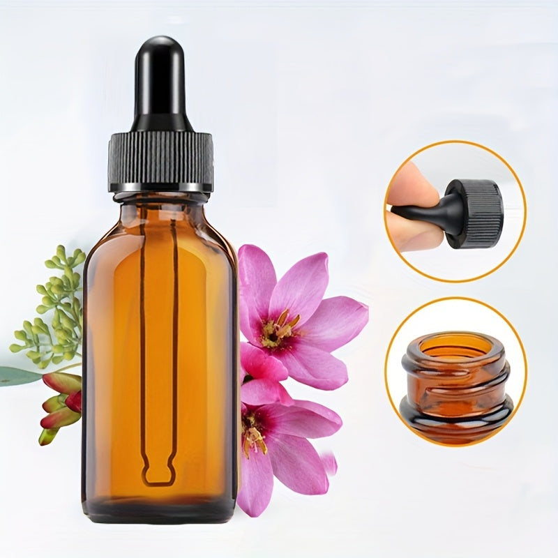 12/6 amber glass dropper bottles with teal glass droppers, in 30ml and 60ml sizes. Ideal for cosmetics, perfumes, essential oils, and lab dispensing.