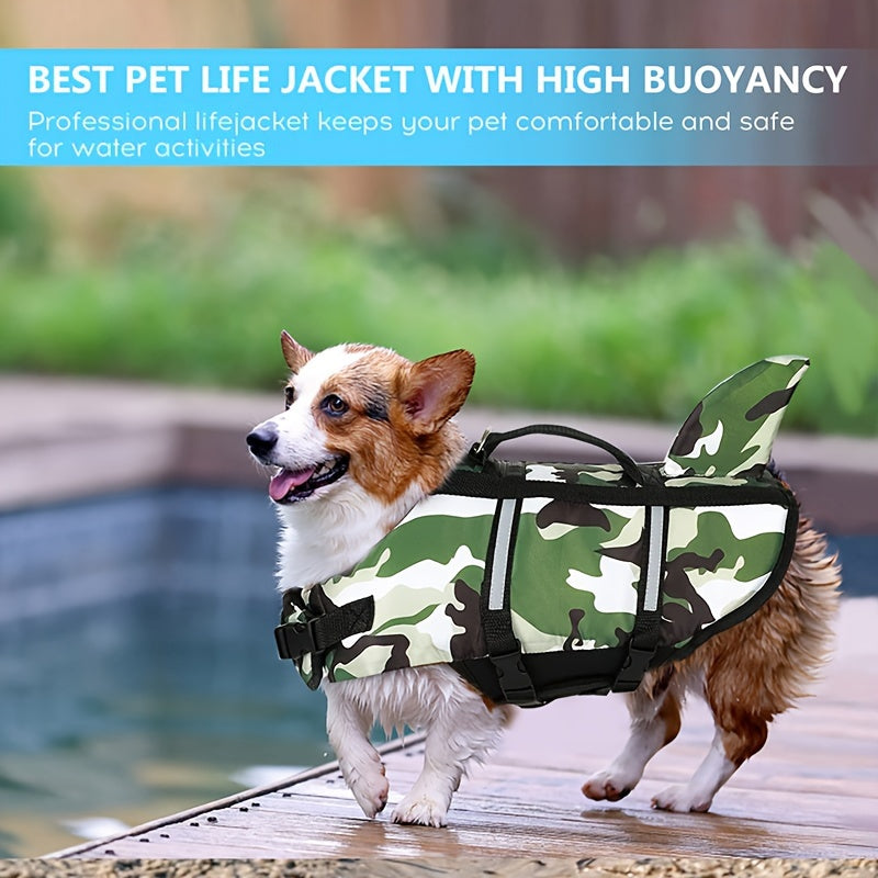 Adjustable lightweight dog life vest with rescue handle, featuring shark design for outdoor surfing and beach activities.