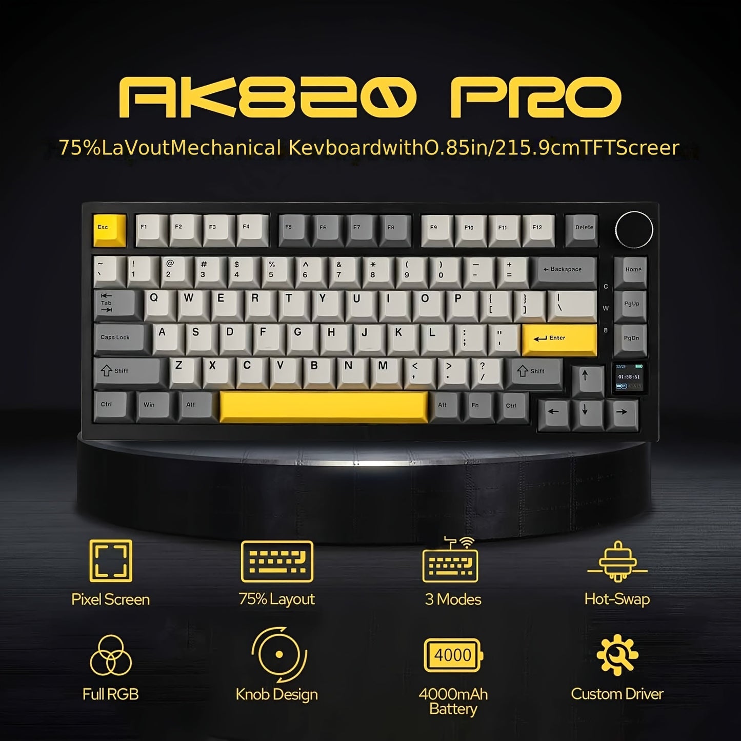 AK820PRO is a 75% mechanical keyboard with TFT display, RGB LED, wireless/2.4G/wired connectivity, knob control, and 4000mAh battery. Available in black, gray, and yellow, it is