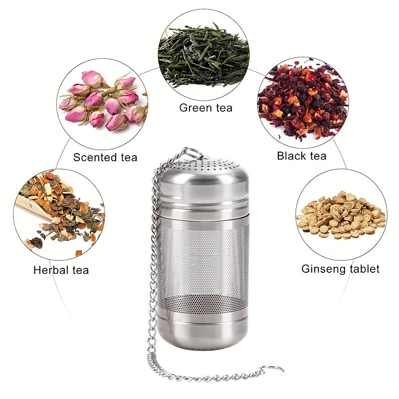 One piece of a large tea infuser made of 304 stainless steel with a mesh tea ball design. This food-grade tea strainer includes an interval diffuser and an extended chain hook for loose leaf tea and coffee. Perfect for coffee accessories.