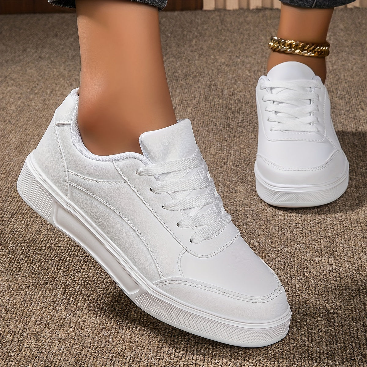 Women's Classic White Casual Sneakers - Lightweight, Comfortable, Lace-Up Skate Shoes with Round Toe and Low-Top Design