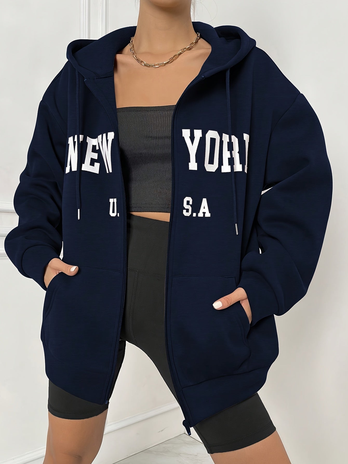 NEW YORK Print Zip Front Hoodie with Kangaroo Pocket