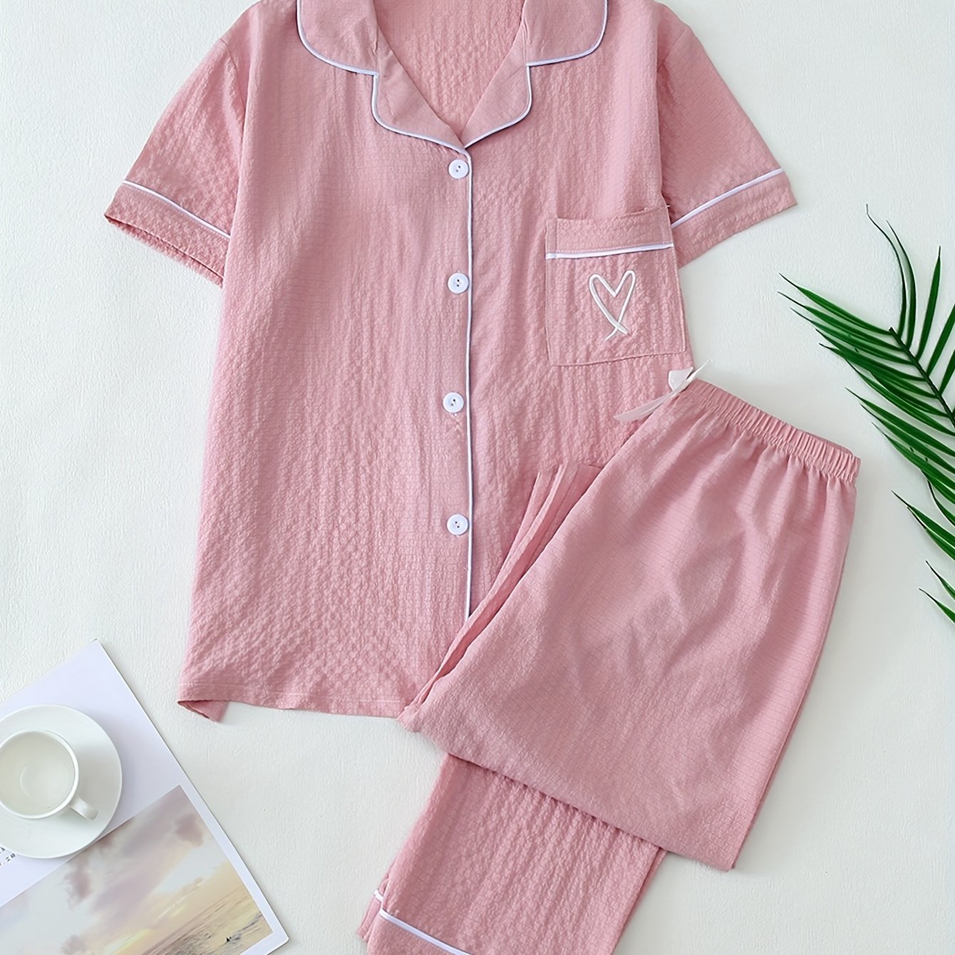 Women's Heart Embroidery Casual Pajama Set, Short Sleeve Top & Pants