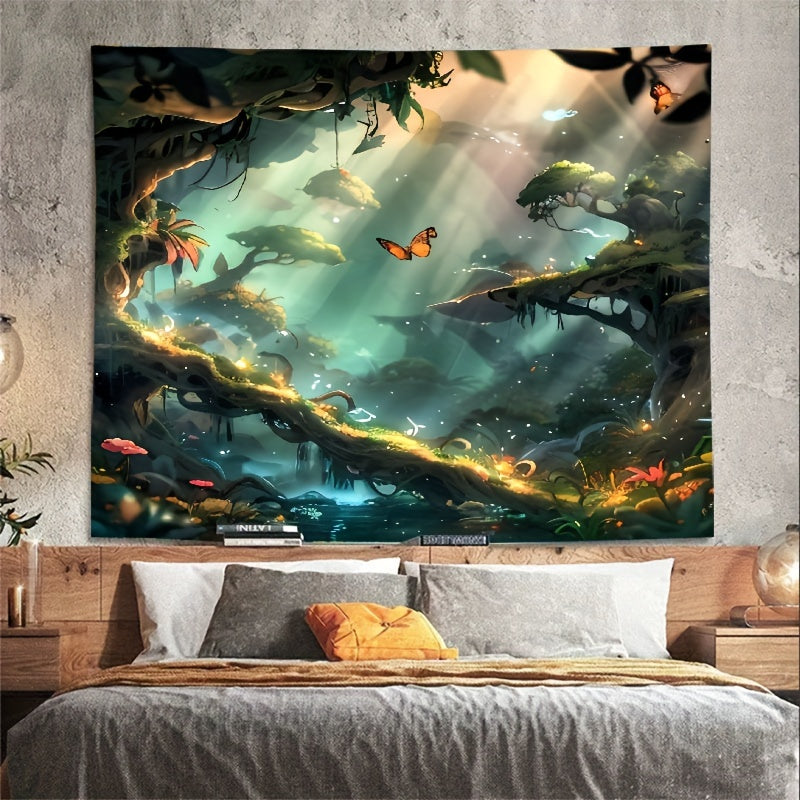 Magical Fantasy Landscape Wall Art - Enchanted Forest Tapestry Featuring Flying Butterflies, Perfect For Nursery & Playroom Decor, Made from Polyester with Digital Print