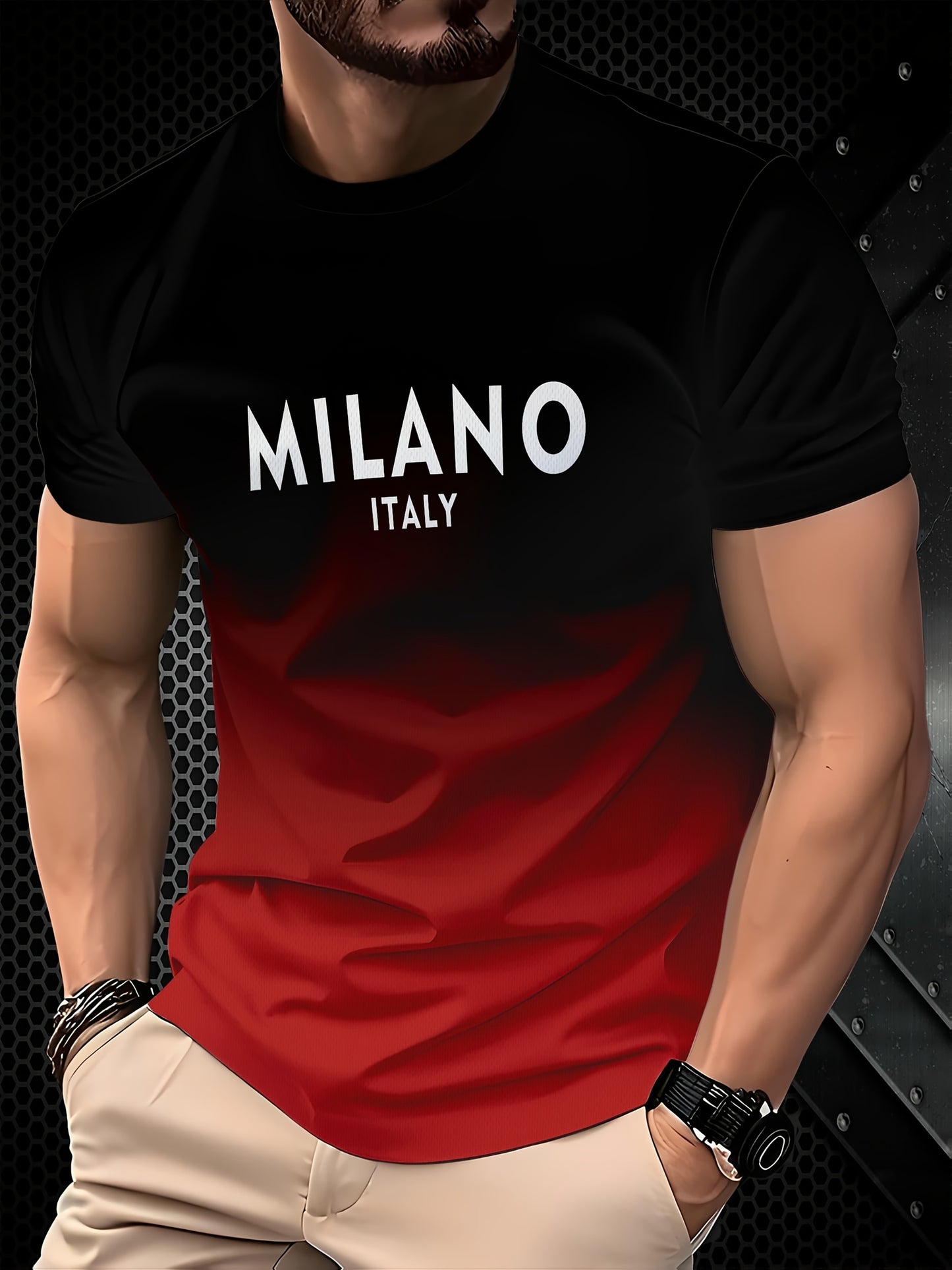 Casual short sleeve men's t-shirt with 3D Milano Italy print in red and black gradient, made of breathable polyester blend, ideal for summer outdoor activities. Machine washable.