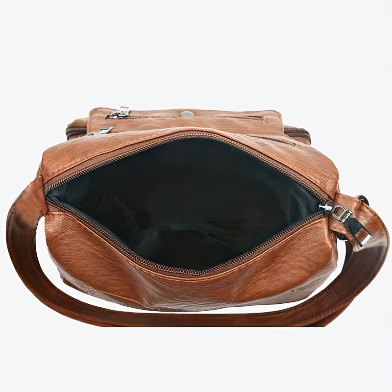 Brown Crossbody Bag with Adjustable Strap, Multiple Compartments, Heart Studs - Lightweight and Versatile