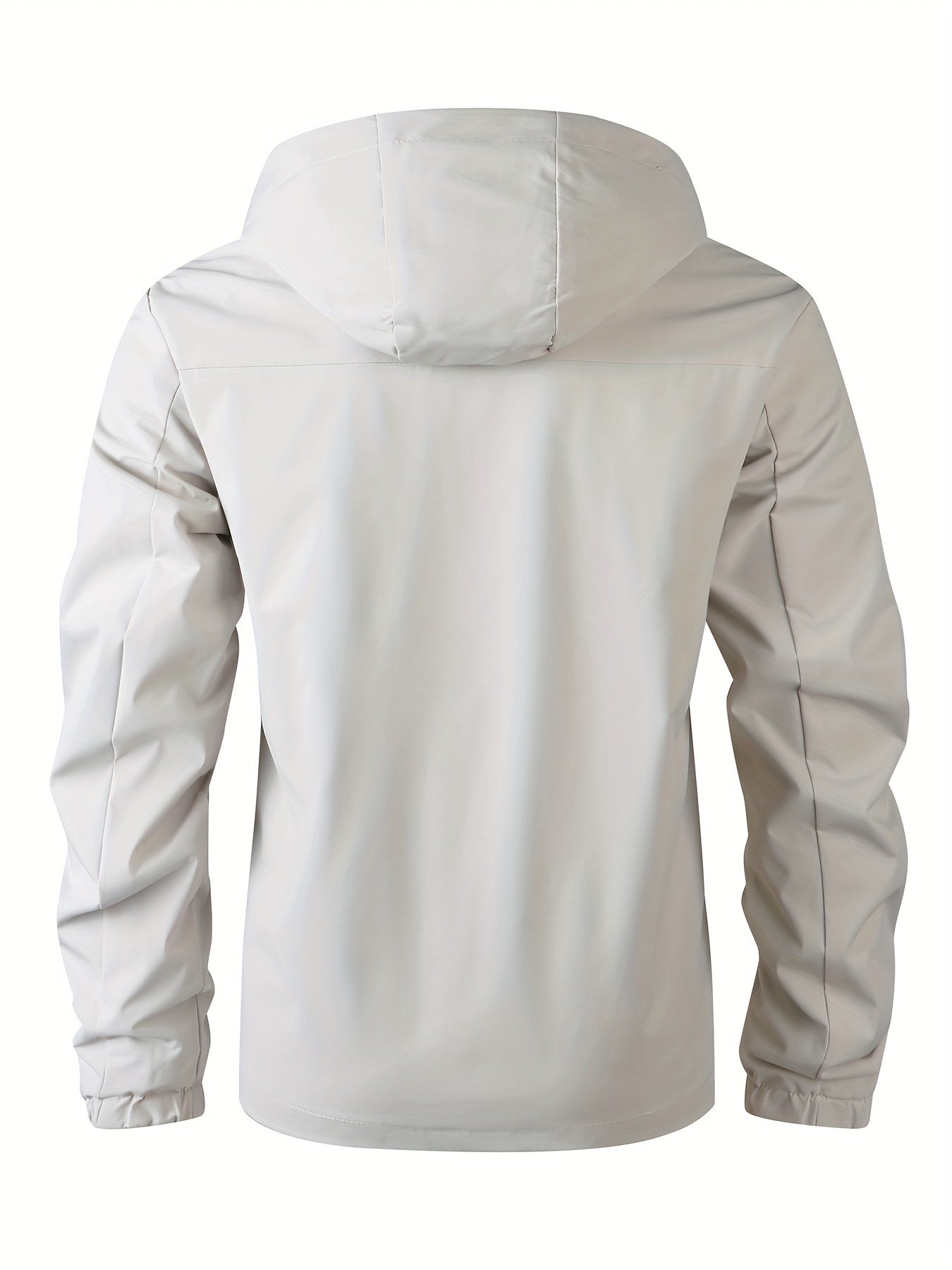 Lightweight, polyester men's windbreaker with hood, zipper pockets, elastic cuffs & hem. Machine washable for spring & fall activities.