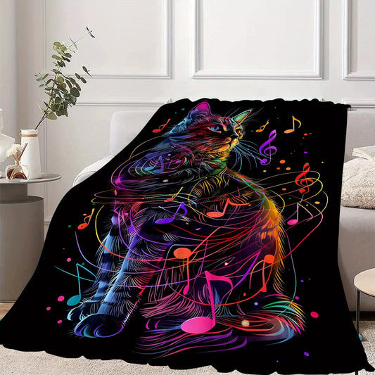 Colorful Music Cat Print Flannel Blanket - Perfect for Music and Animal Enthusiasts - Ideal for Sofa, Bed, Camping, and Travel - Machine Washable - Made from 100% Polyester - Lightweight and Comfortable - Digital Print - Measures 200-250gsm