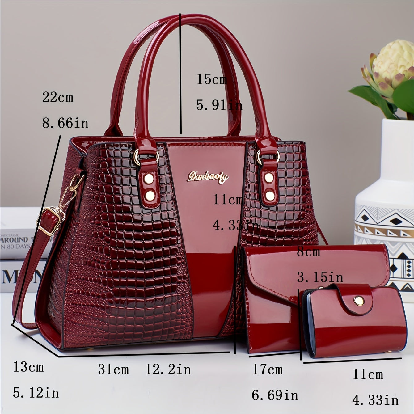 3-piece PU handbag set with crocodile pattern, large capacity crossbody bag, coin purse, card holder, lightweight shoulder bag with sequins and zipper closure