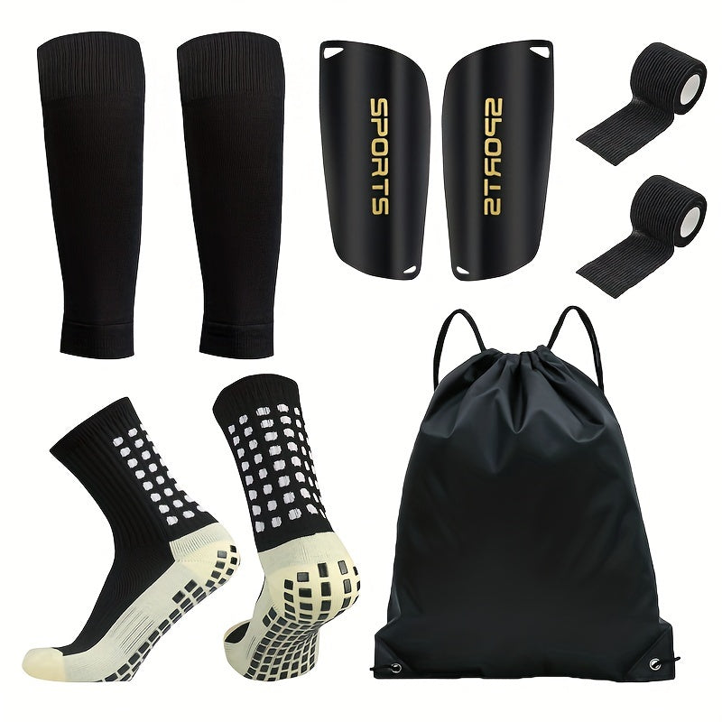 5-piece soccer sports gear set includes silicone grip football socks, shin guards, protective gear, drawstring backpack, and sports tapes. The set features polyester and elastane knitted