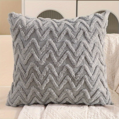 Pair of plush throw pillow covers in contemporary geometric pattern, hand wash only, 100% polyester zipper closure, beige wavy design for living room décor.