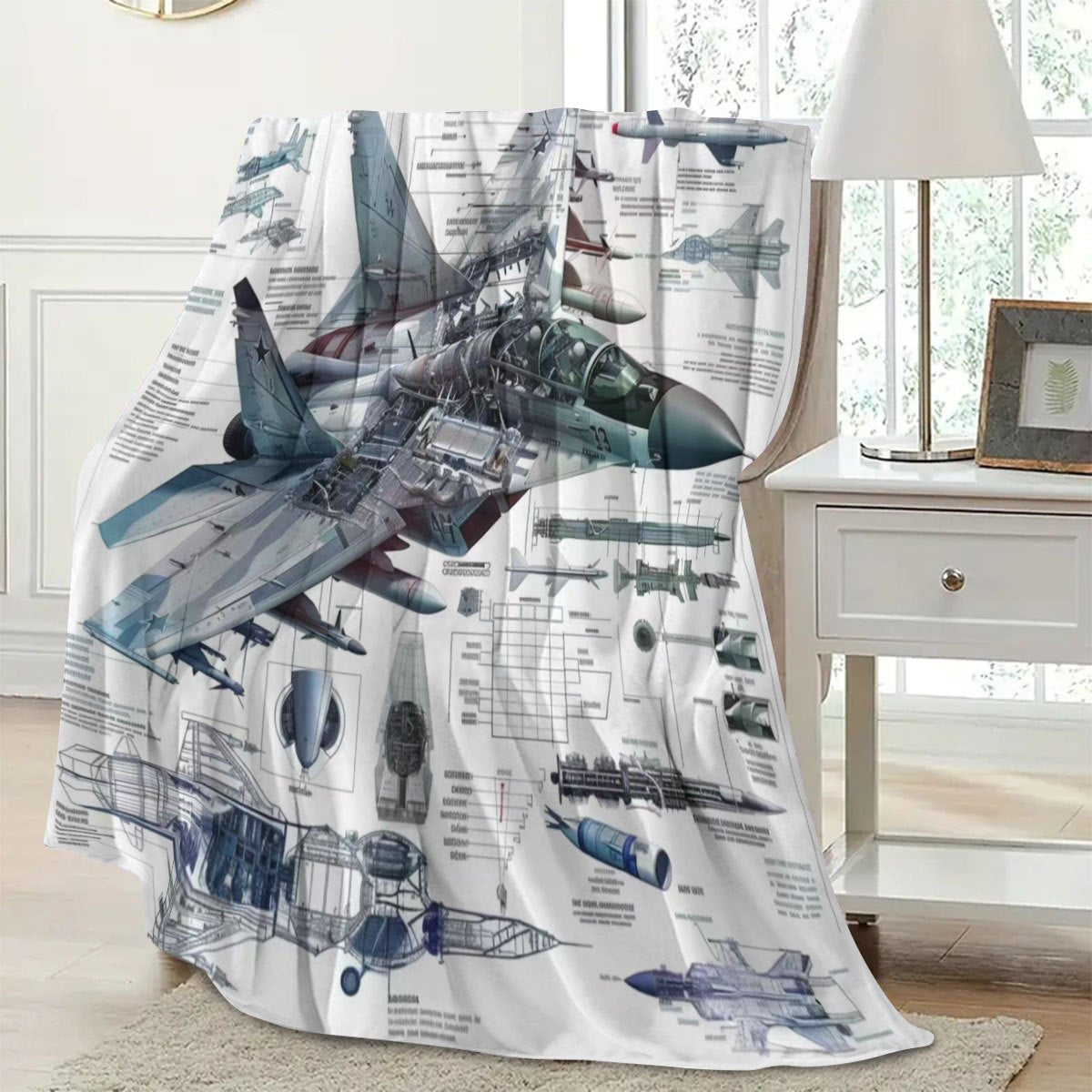 Stay cozy and warm with this military enthusiast fighter jet print flannel blanket. Made of 100% polyester, this blanket is perfect for all seasons and offers comfortable warmth. Featuring a digital print design, this blanket weighs between 200-250gsm