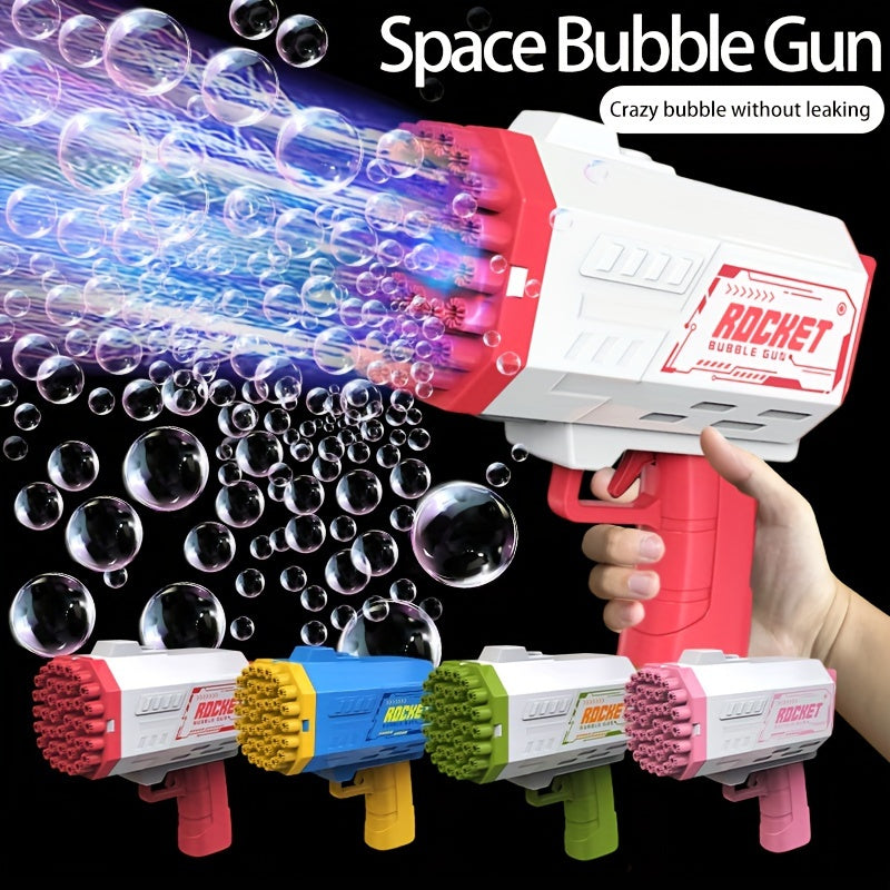 Portable electric bubble gun toy with 40 holes, colorful bubble streams, and mechanical style for summer parties and birthdays. Batteries and bubble solution not included. Safe and fun