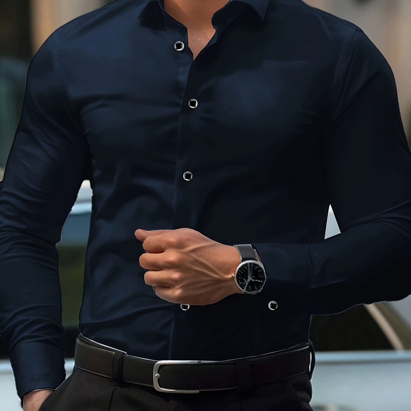 Men's black long sleeve dress shirt with geometric pattern, slim fit, button-up, all-season wear, lapel collar. Suitable for formal and casual events.