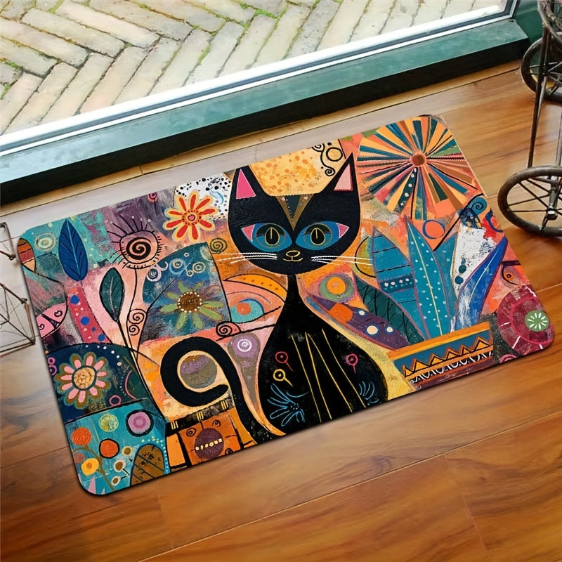 Abstract Art Cat Doormat - Easy to Clean in Washing Machine, Non-Slip PVC Backing, Made of Durable Polyester - Rectangle Mat for Bathroom, Kitchen, Living Room, or Bedroom - Stylish Entryway Decor Rug