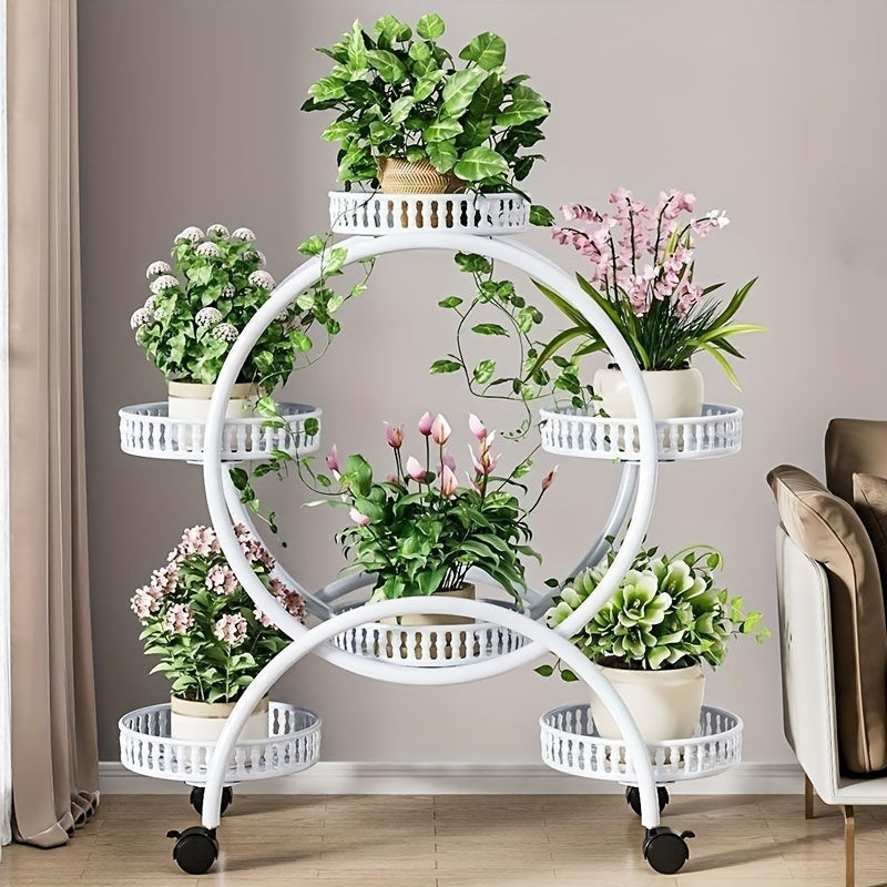 Metal flower stand on wheels for indoor and outdoor plants in living room or balcony.