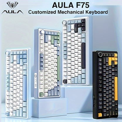 AULA F75 Mechanical Gaming Keyboard: 2.4G Wireless/Wired, RGB Backlit, Hot-Swappable, Customizable Layout, OEM Profile, USB Rechargeable - Ideal for Office & Gaming.