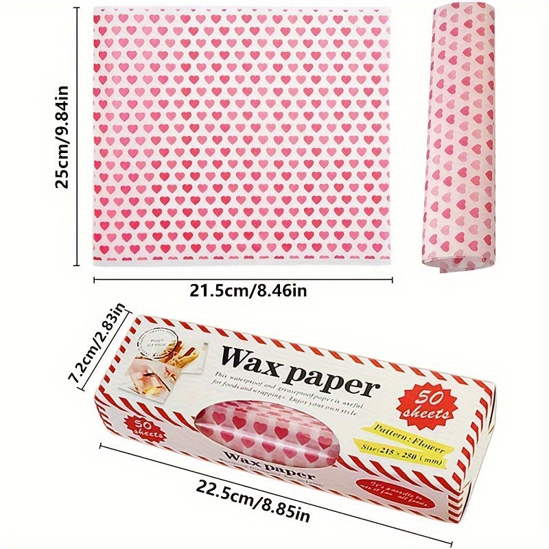 50 pieces of wax paper sheets with a heart pattern design, perfect for wrapping food items such as bread, sandwiches, and burgers. These sheets are greaseproof and waterproof, made with non-stick beeswax material. Ideal for baking, gift wrapping, and