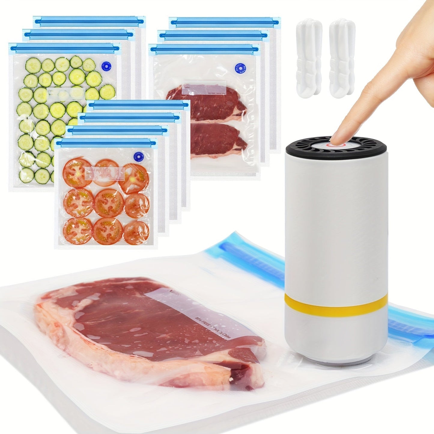 The set includes three sizes of food vacuum storage bags (4 pieces of 21.59 cm x 20.32 cm, 3 pieces of 27.94 cm x 25.4 cm, and 3 pieces of 34.29 cm x 25.4 cm) along with a handheld electric vacuum machine. Additionally, there are vacuum-sealed zipper