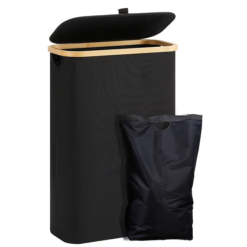 Slim 60L Laundry Hamper with Lid and Removable Inner Bag, Perfect for Bedroom, Bathroom, Laundry Room, Dormitory. Features Handles for Easy Carrying, and Easily Foldable for Convenient Storage. Can be Used as a Storage Basket as well.