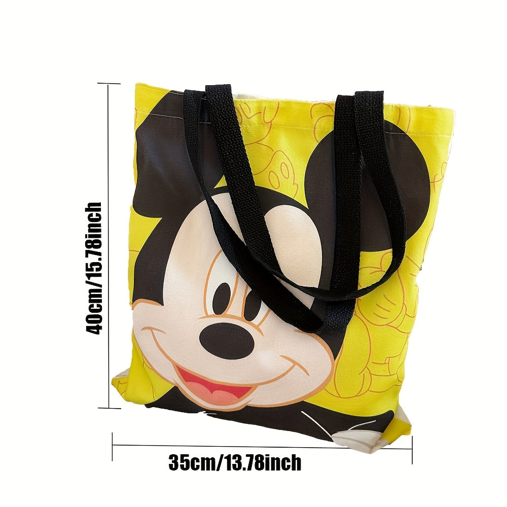 Large capacity Mickey & Minnie Mouse canvas tote bag, featuring an airtight design and rectangle shape. This fashionable shoulder bag for women is perfect for shopping with its fun cartoon print. Ideal for Christmas, Thanksgiving, Valentine's Day, or