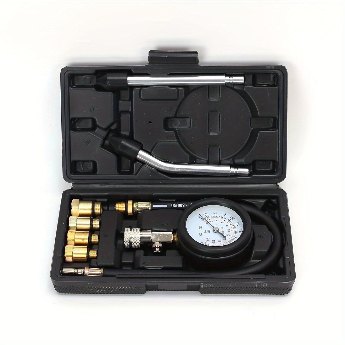 Compression tester kit for gas engines - 8 pieces, 0-300 PSI gauge, great for vehicles.