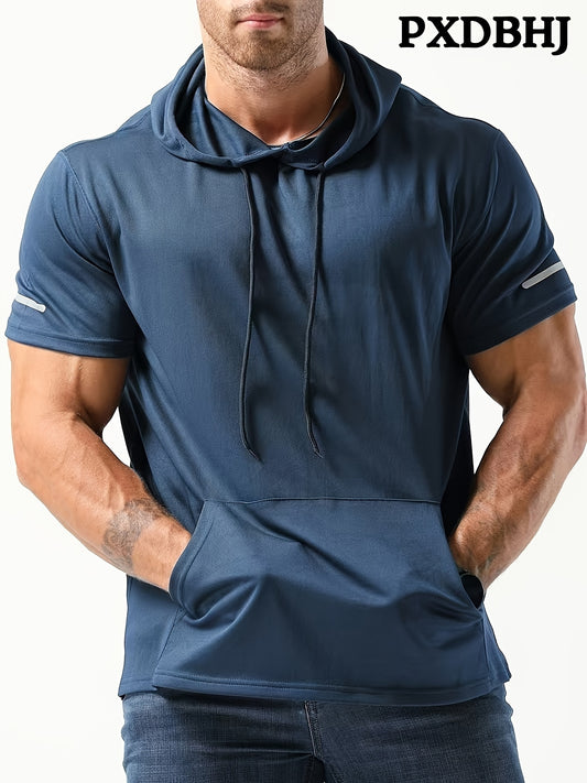 Casual hooded t-shirt for men, ideal for running and workouts, made of breathable polyester with drawstring and reflective detail.