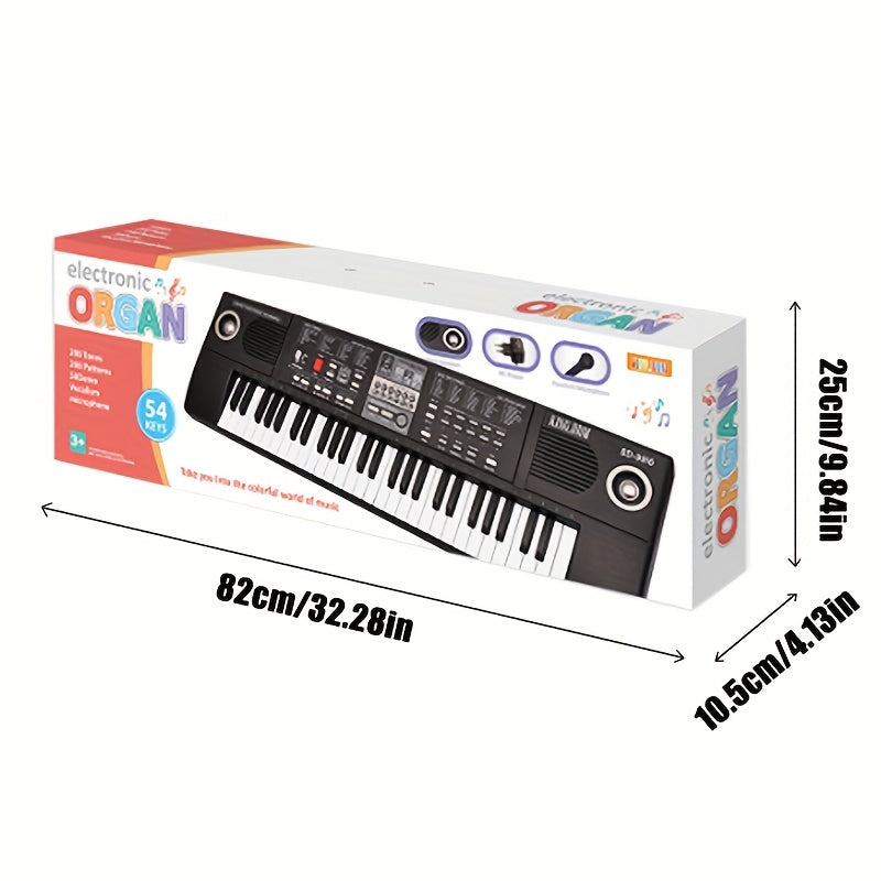 Children's electronic keyboard with microphone, 200 tones & rhythms, 50 demo songs, 5 drum/animal sounds, recording & playback, dual speakers, USB cable, battery/USB powered, educational