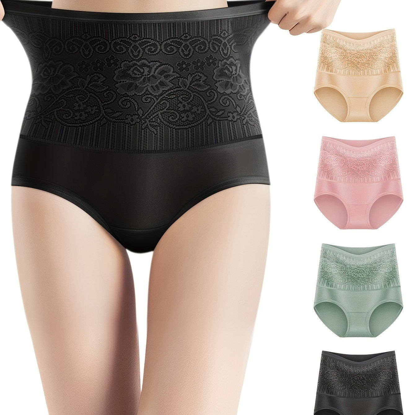 4 Elegant High Waisted Shapewear Panties for Women, Tummy Control with Butt Lifting Floral Design