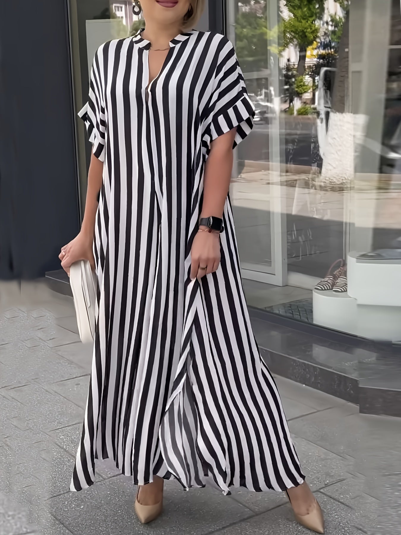 Plus Size Striped Split Longline Dress with Short Sleeves and Notched Neck for Spring & Summer, Women's Plus Size Clothing