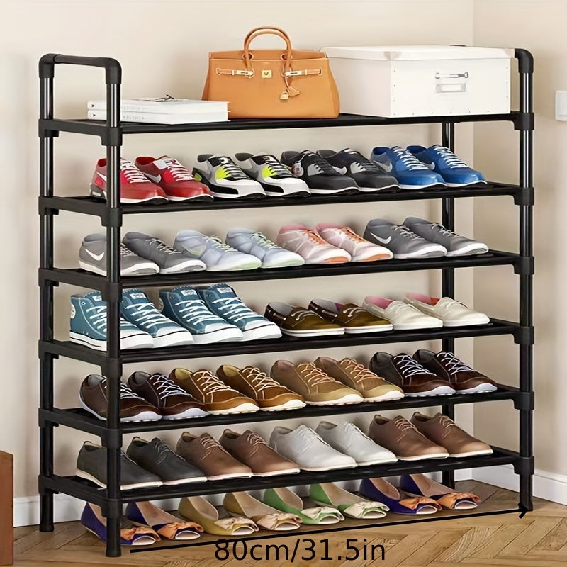 Versatile black metal shoe rack for entryway, bedroom, or outdoor storage; non-waterproof for use in garden, lawn, or patio.