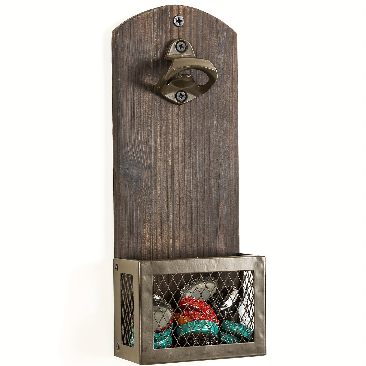 1pc Vintage Rustic Wall Mounted Bottle Opener with Cap Catcher, perfect for bars, pubs, restaurants, and kitchens.