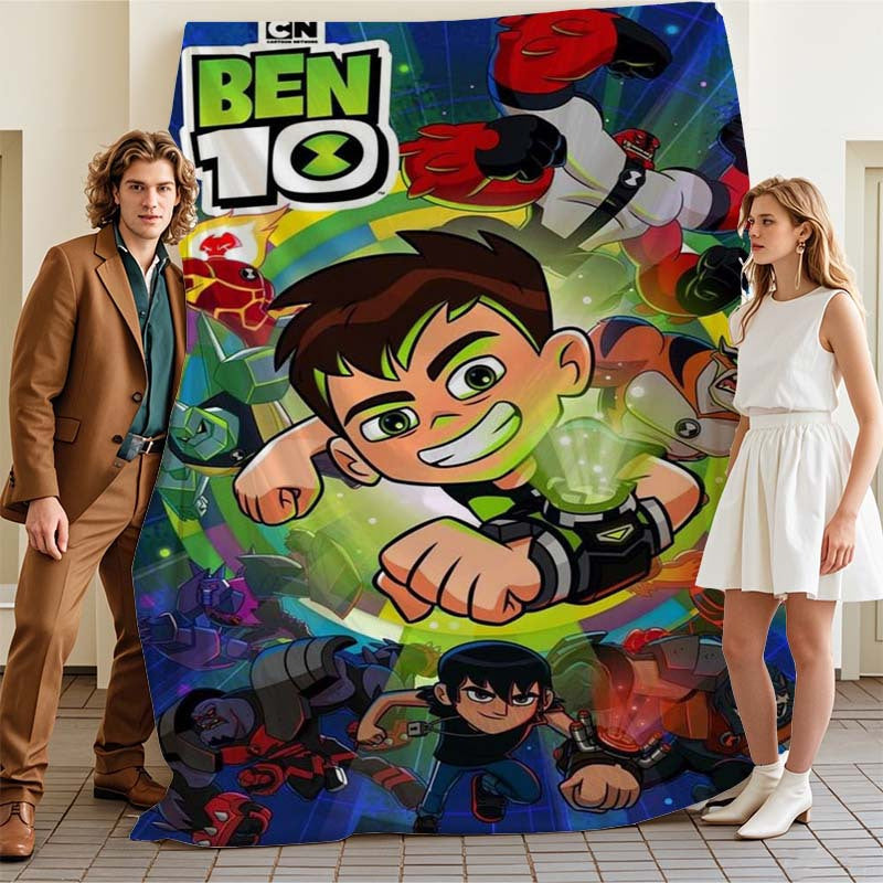 Ben 10 Cartoon Poster Flannel Fleece Blanket - Soft and Stylish, Perfect for All Seasons. Features Digital Print on Polyester Material, Lightweight at 250-300gsm. Versatile Gift for Couch, Bed, Beach, or Picnics.