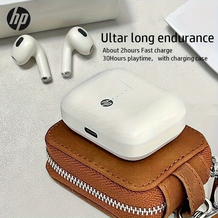 HP 8WJ01PA True Wireless Earbuds in white color with touch control, semi in-ear design, 300mAh lithium battery, USB-C charging, tangle-free wires, and protective case. Compatible with