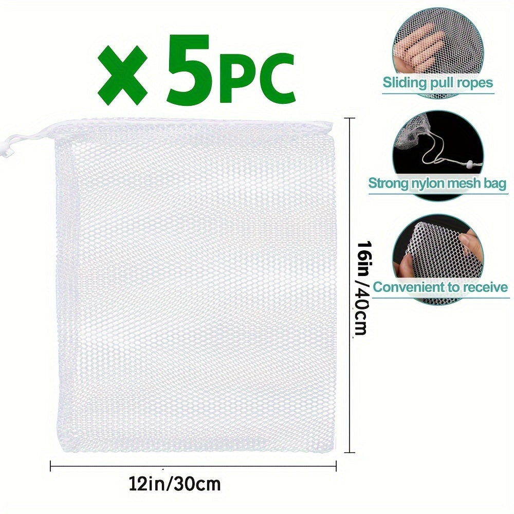 Mesh bags are available in packs of 5 or 10, each measuring 30.48 x 40.64 cm. These reusable agricultural product bags are perfect for grocery shopping and are made of drawstring polyester with double seam tare weight. They are ideal for storing