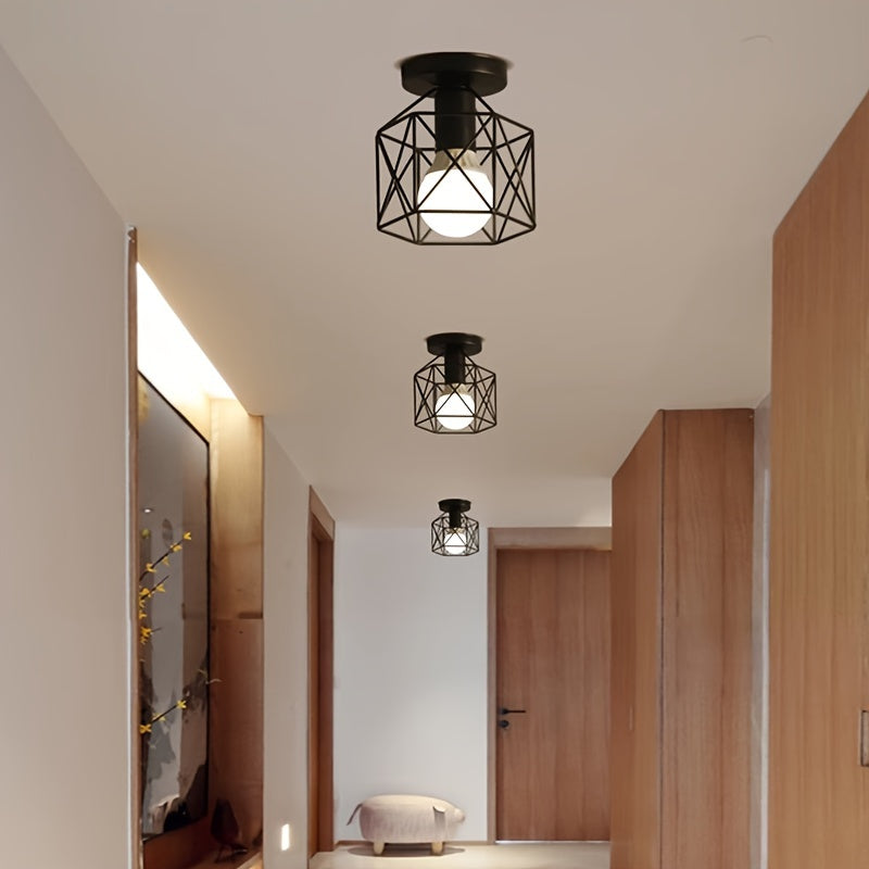 Modern Nordic Black Iron Ceiling Light with E27 Base, Geometric Design, Semi-Flush Mount Installation for Bedroom, Hallway, Balcony, Kitchen.