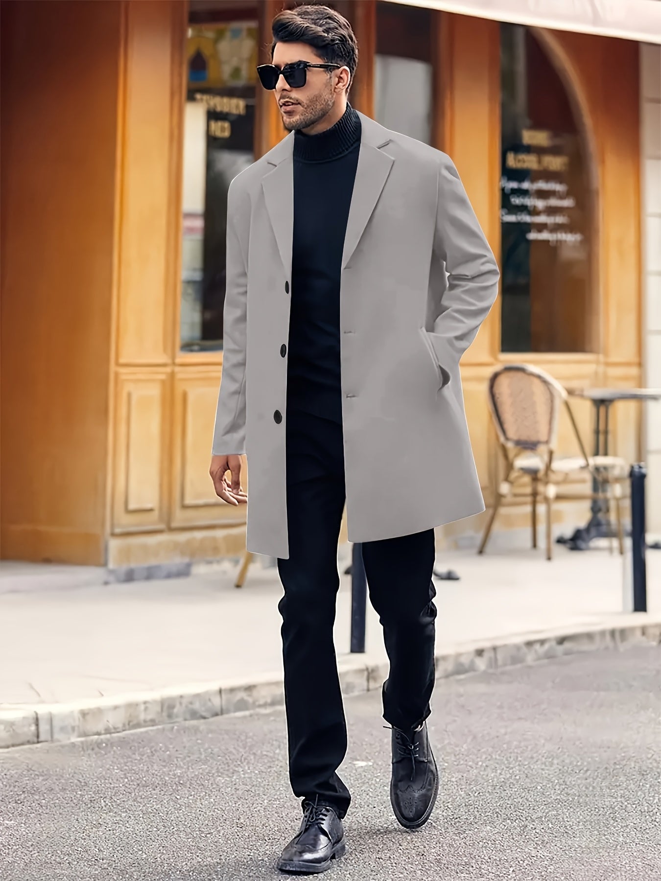 Men's Fall/Winter Polyester Coat with Solid Color, Long Sleeve Lapel Work Jacket, Button Details, Non-Stretch Woven Fabric, Regular Fit.