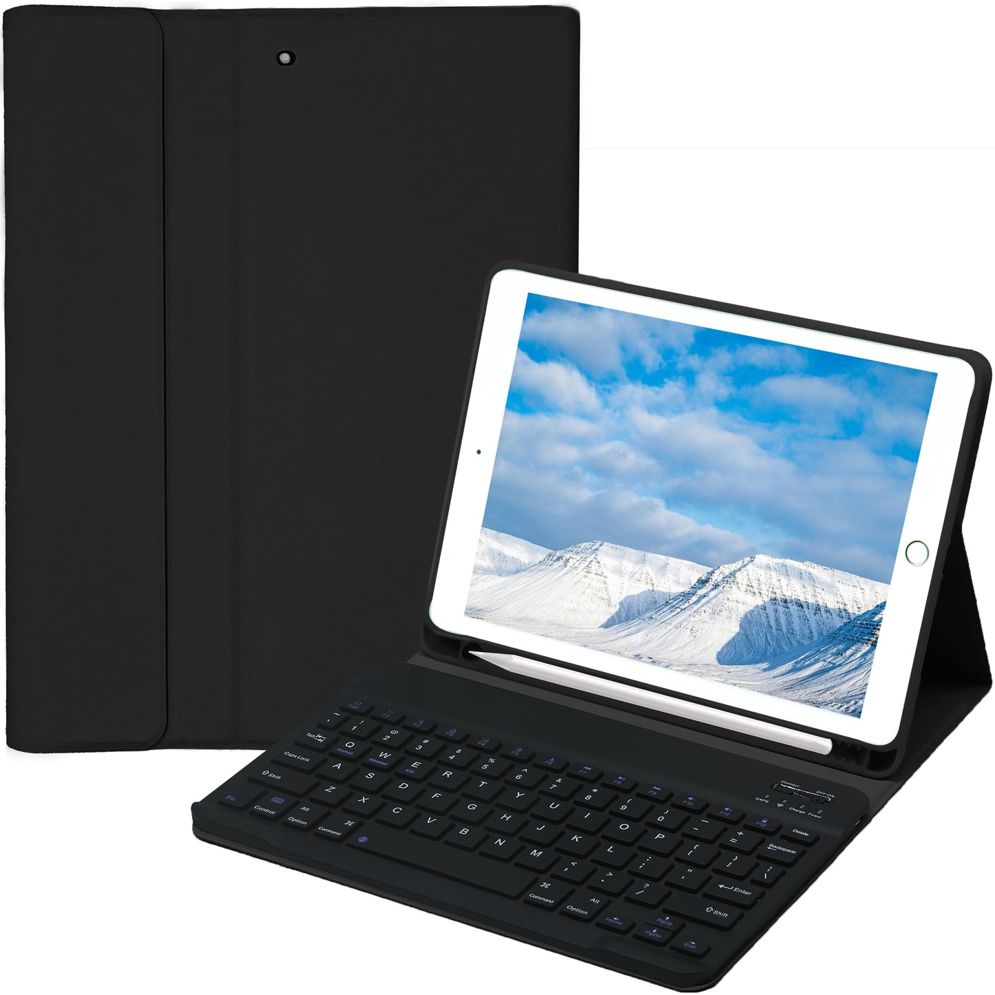 iPad keyboard case compatible with various iPad models, including iPad Air, iPad 5th-10th generation, and iPad Pro 11/12.9 inch, featuring a soft TPU back cover, pen holder, and detachable