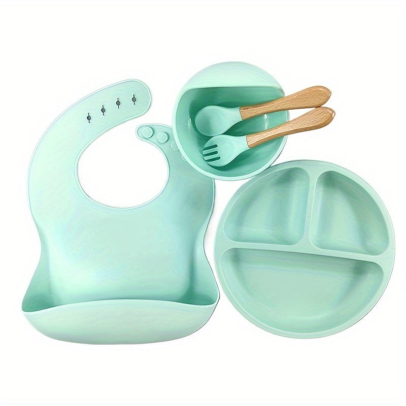 Set of 5 Infant Self-feeding Utensils, Top-rated Led Weaning Kit for Boys and Girls, Includes Silicone Bib, Toddler Bowl, Suction Divided Plate, Spoon, Perfect Baby Eating Essentials, Ideal Baby Shower Gift