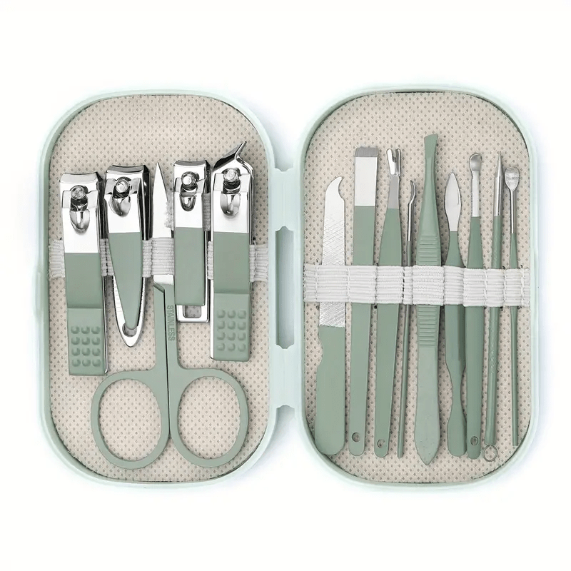 14-piece stainless steel nail and foot care set with nail clippers and shaping tools in a portable storage box. Suitable for both men and women, odorless, lightweight (≤10.58oz), and