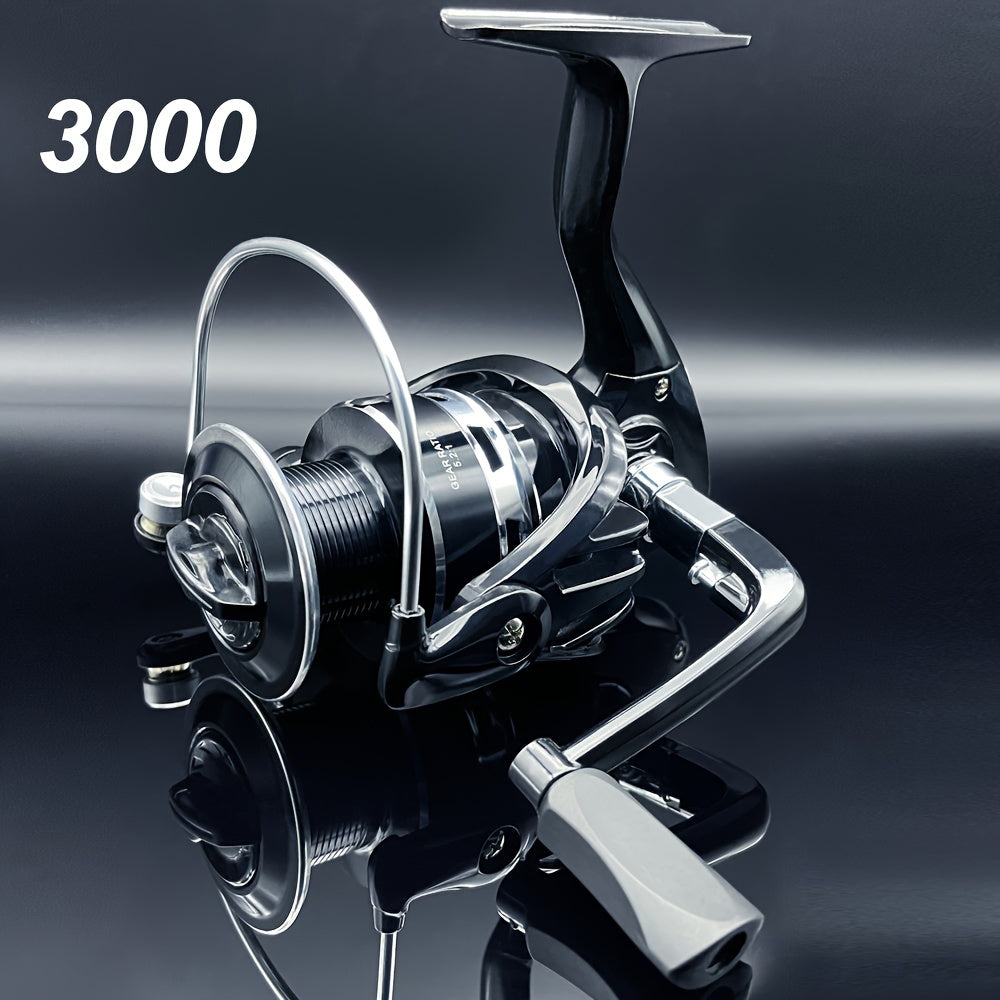 Spinning reel 1000-7000 series with smooth, sensitive performance for freshwater and saltwater fishing. Features include metal cup, folding rocker arm, and 5.2:1 gear ratio.