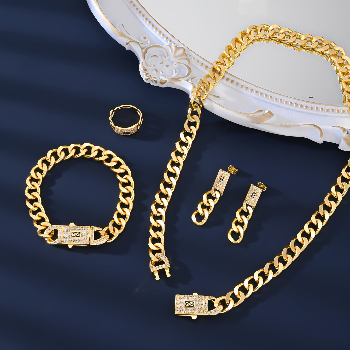 Classy and versatile high-quality copper jewelry set for European and American women, including necklace, earrings, rings, bracelets, and zirconia lock. Perfect for everyday wear, adding elegance and style to any outfit.