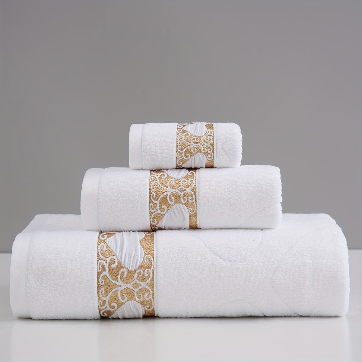 3-piece 100% Cotton Jacquard Towel Set, includes washcloth, hand towel, and bath towel. Absorbent, Quick-drying, Super Soft, and Skin-friendly. Ideal for home bathroom.