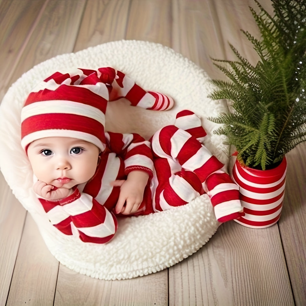 Adorable Christmas Photo Props: Striped Romper and Long-Tailed Hat Outfit - Perfect for Christmas, Halloween, and Thanksgiving; Ideal for New Year's and Valentine's Gifts