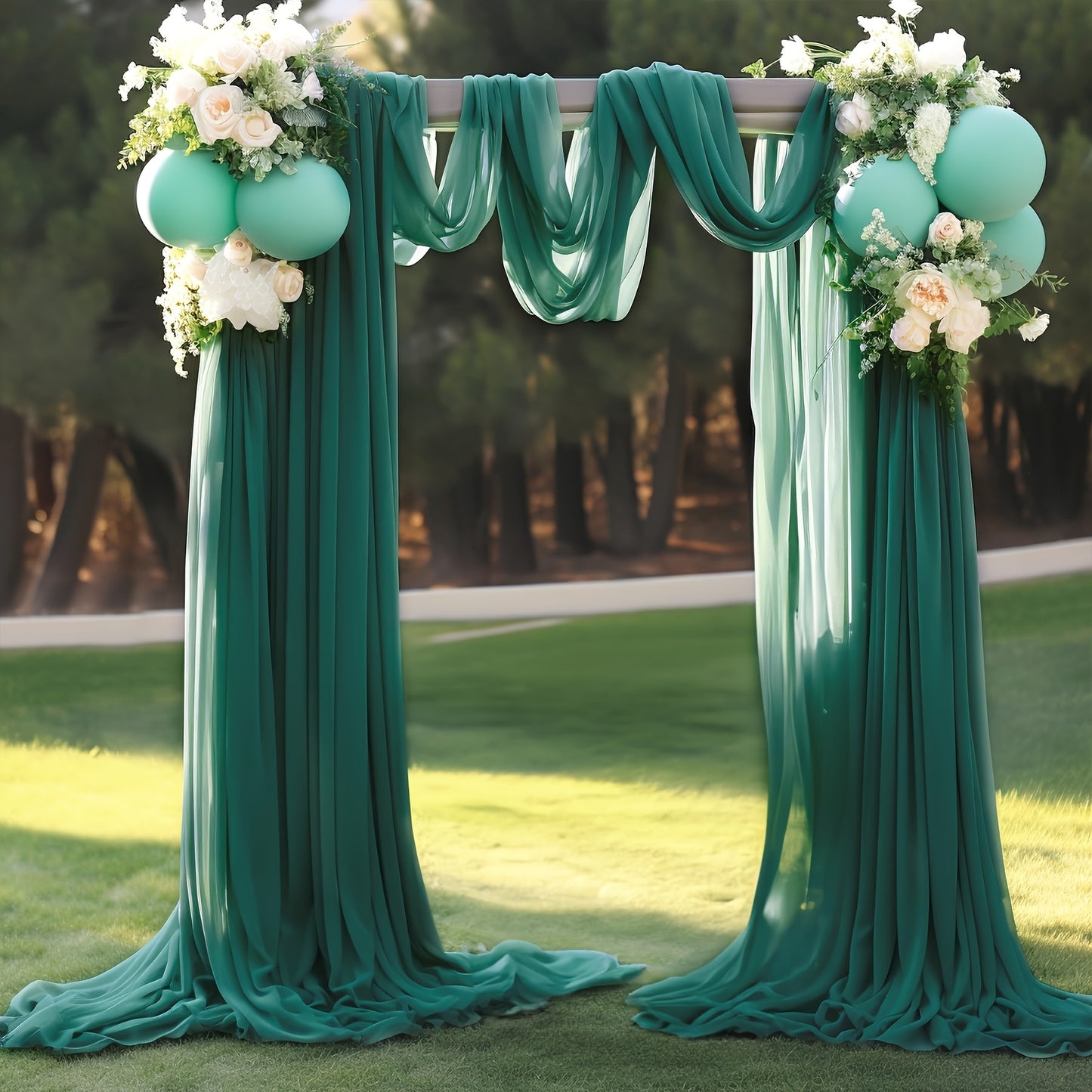 Polyester sheer fabric draping panel for wedding arch, backdrop curtain voile drapery for woodland ceremony, party decor, outdoor reception table runner.