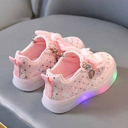 2024 Spring/Summer Collection Girls' LED Fashion Sneakers with Heart Pattern, Bow Detail, and Zipper Closure. Suitable for Ages 14 and Under.