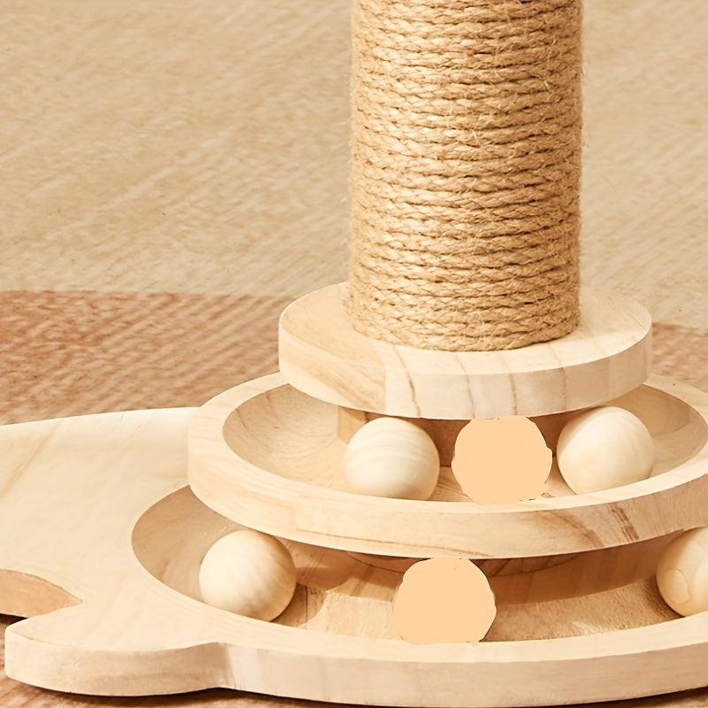 Interactive cat scratching post with rotating tassels and durable scratch board made of polyester fiber. Includes play balls and fully assembled for indoor cats.