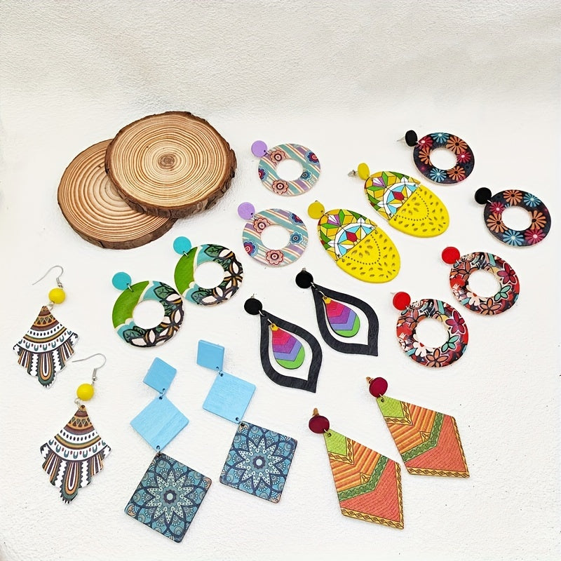 Women's earrings with a retro Bohemian ethnic style, featuring colorful prints on wooden pendants in water drop and geometric shapes.